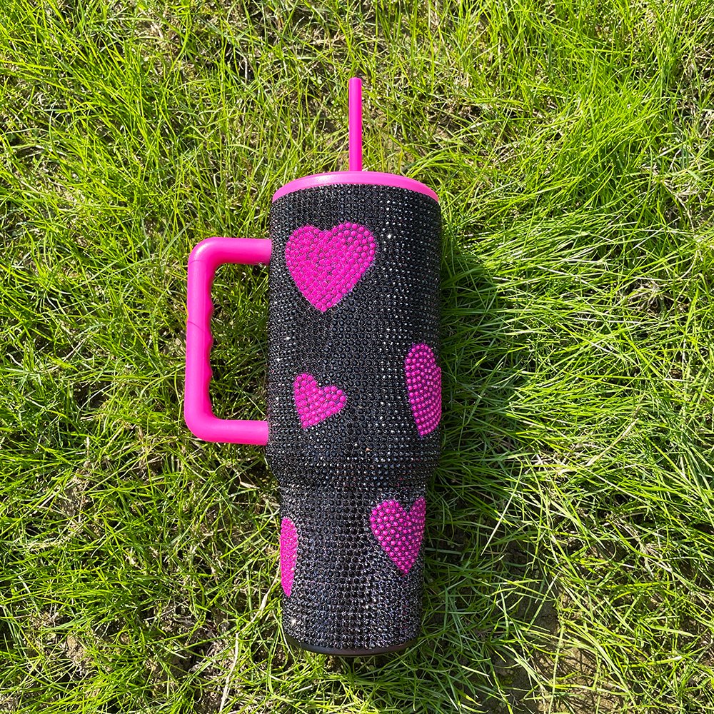 US warehouse 40oz hot pink black rhinestone shiny sparkle mug cup with handle diamond bling double wall vacuum insulated tumbler