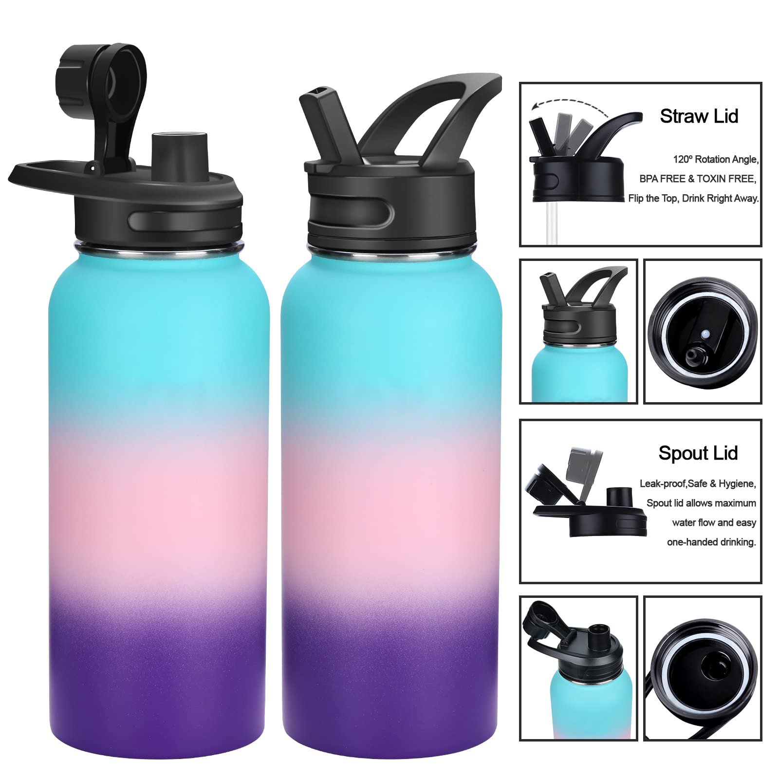 Custom 40oz 32oz Wide Mouth Double Wall Vacuum Flask Insulated Sports Water bottle Stainless Steel with Spout Lid