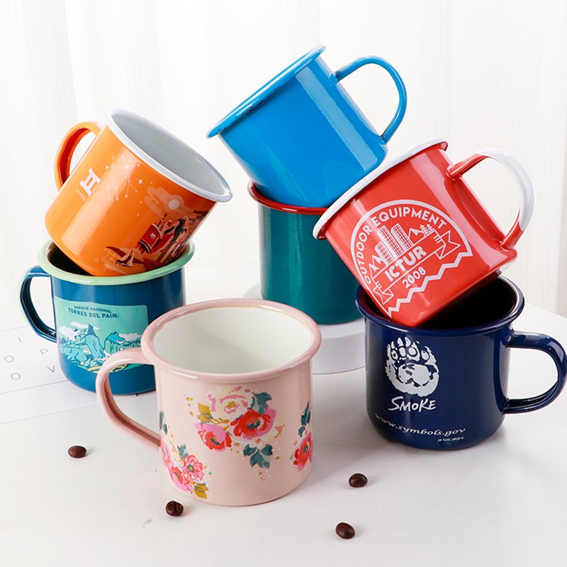 Wholesale Cheap 12oz Retro Rolled Rim Tea Cup Customized Logo Printed Speckle Travel Camping Metal Enamel Coffee Mug For Gift