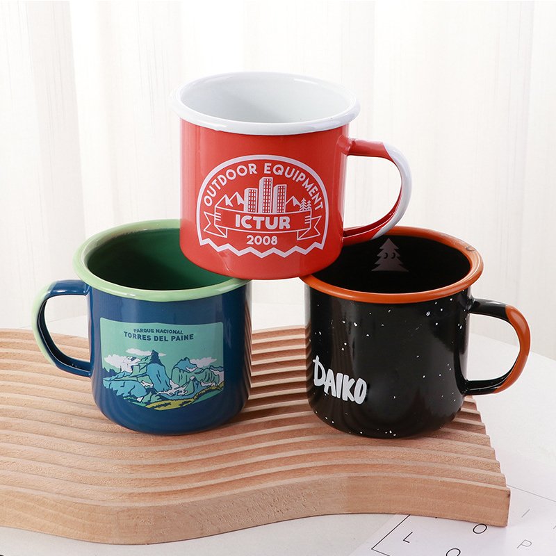 Wholesale Cheap 12oz Retro Rolled Rim Tea Cup Customized Logo Printed Speckle Travel Camping Metal Enamel Coffee Mug For Gift