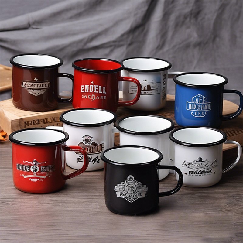Wholesale Cheap 12oz Retro Rolled Rim Tea Cup Customized Logo Printed Speckle Travel Camping Metal Enamel Coffee Mug For Gift
