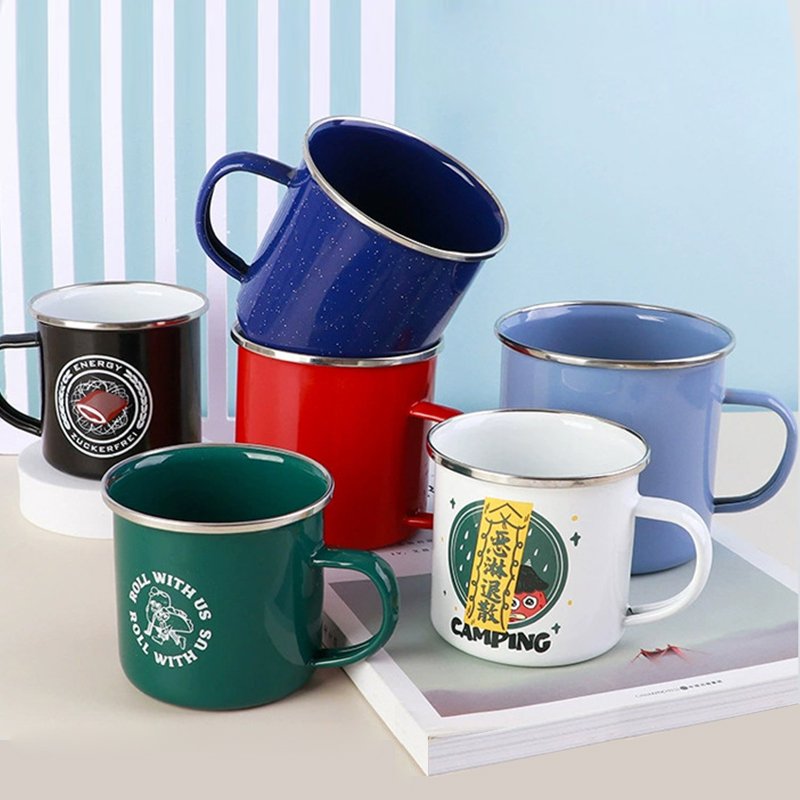 Wholesale Cheap 12oz Retro Rolled Rim Tea Cup Customized Logo Printed Speckle Travel Camping Metal Enamel Coffee Mug For Gift