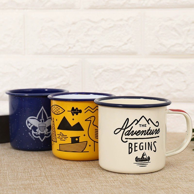 Wholesale Cheap 12oz Retro Rolled Rim Tea Cup Customized Logo Printed Speckle Travel Camping Metal Enamel Coffee Mug For Gift