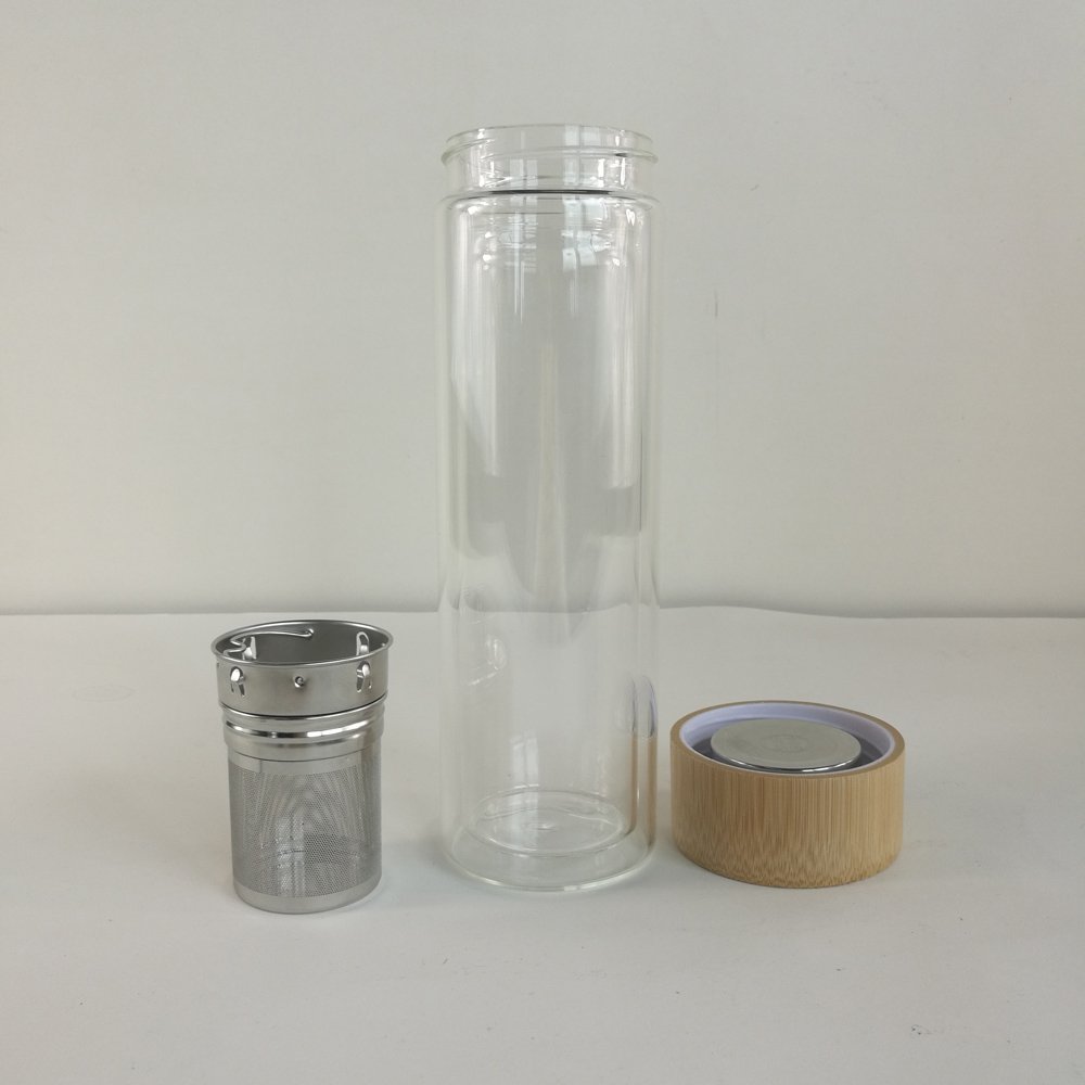 15oz Bamboo Lid Double Wall Loose Tea Tumbler Borosilicate Portable Travel Mug Tea Tumbler Glass Water Bottle with Tea Infuser