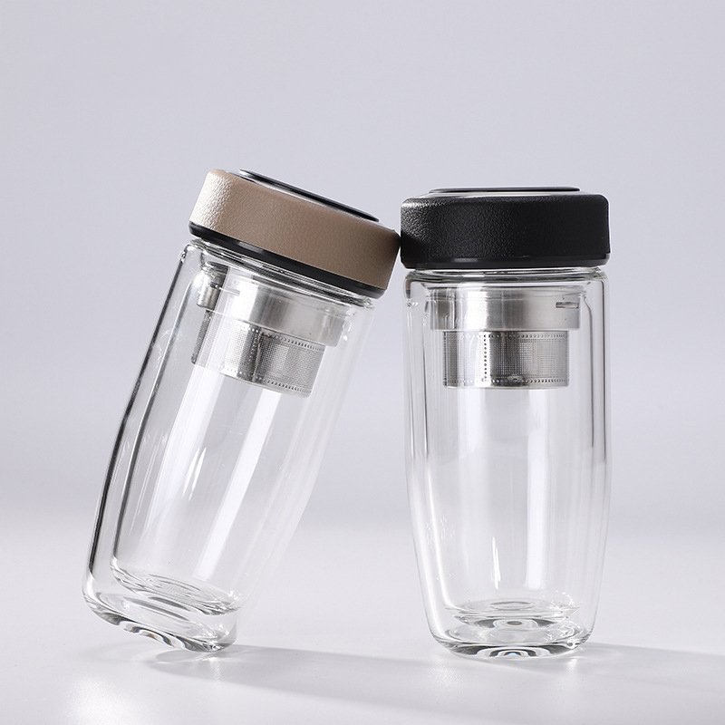 15oz Bamboo Lid Double Wall Loose Tea Tumbler Borosilicate Portable Travel Mug Tea Tumbler Glass Water Bottle with Tea Infuser