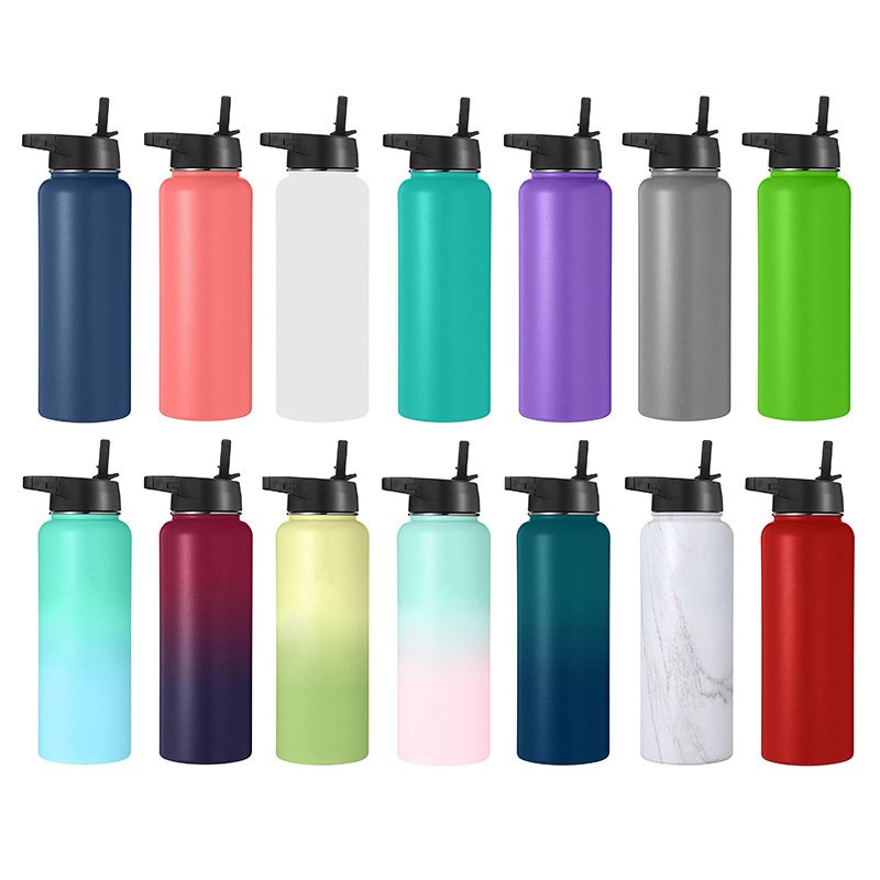Outdoor 32oz 40oz Custom Logo Leakproof Vacuum Insulated Double Wall Stainless Steel Water Bottle with 3 lids Straw Lid