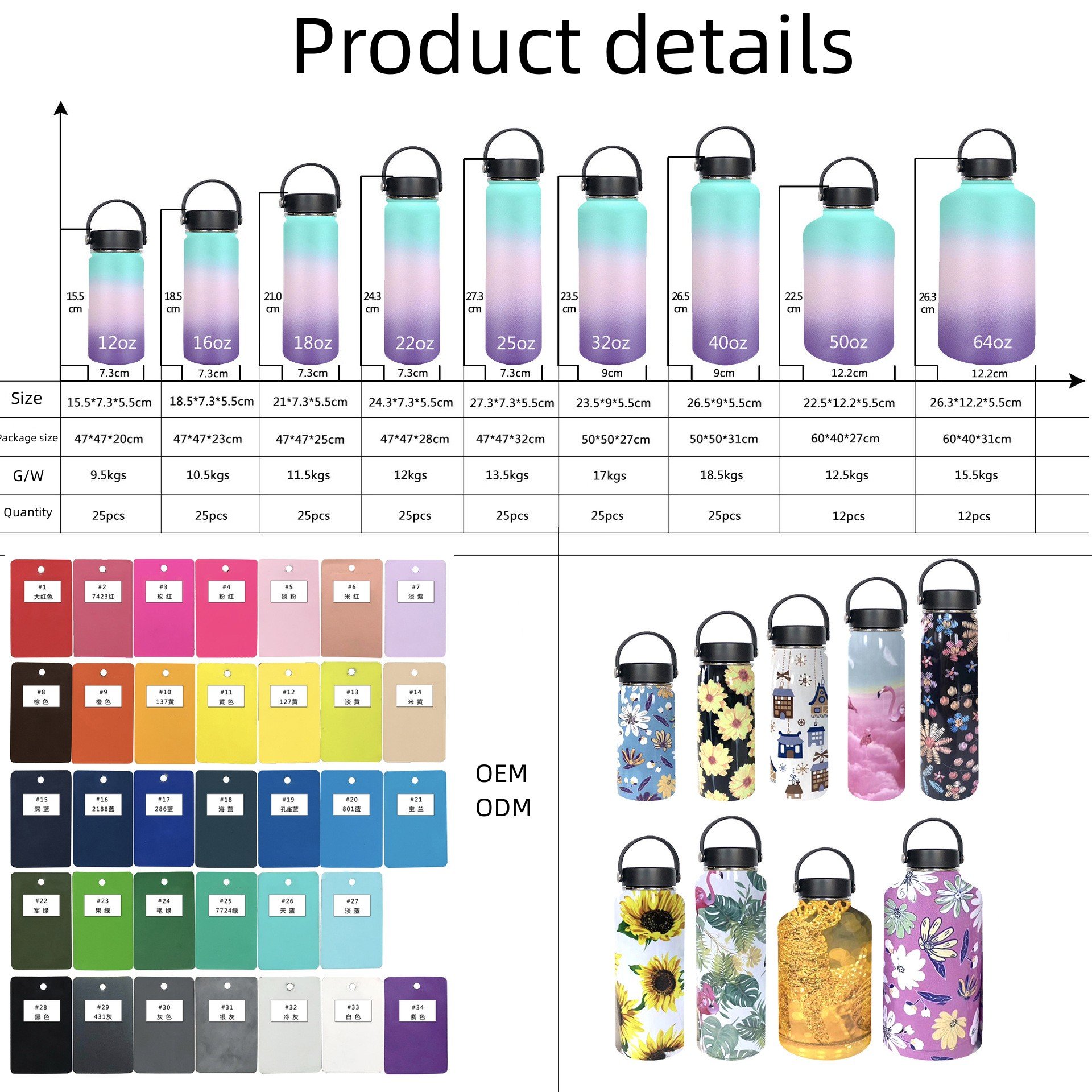Outdoor 32oz 40oz Custom Logo Leakproof Vacuum Insulated Double Wall Stainless Steel Water Bottle with 3 lids Straw Lid