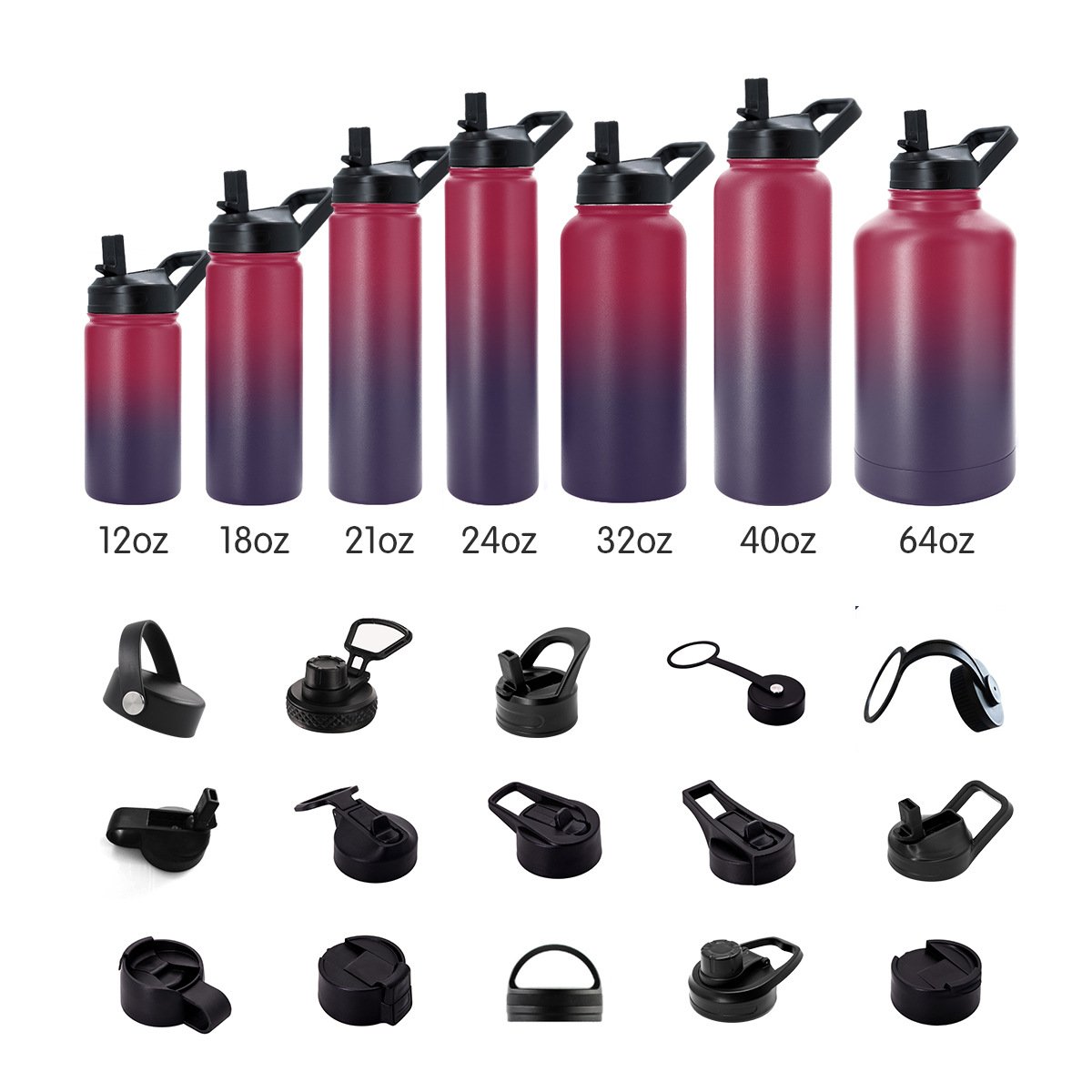 Outdoor 32oz 40oz Custom Logo Leakproof Vacuum Insulated Double Wall Stainless Steel Water Bottle with 3 lids Straw Lid