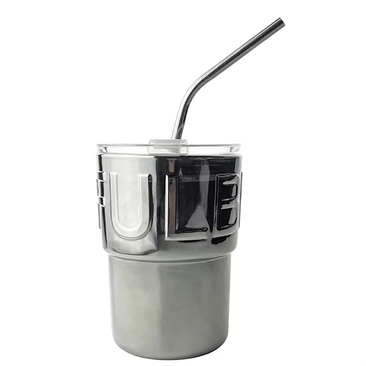 Seaygift unbreakable silicone sleeve 450ml electroplated gold silver color glass milk cups iced coffee tumbler mug with straw