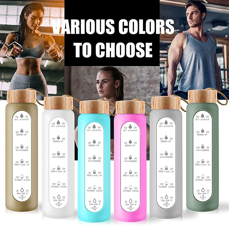 Glass water bottle with bamboo lid silicone sleeve manufactured wholesale glass water bottle for water