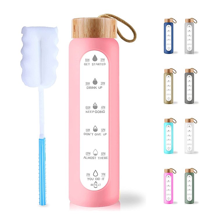 Glass water bottle with bamboo lid silicone sleeve manufactured wholesale glass water bottle for water