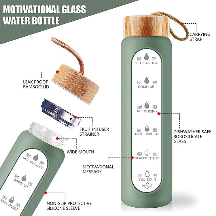 Glass water bottle with bamboo lid silicone sleeve manufactured wholesale glass water bottle for water