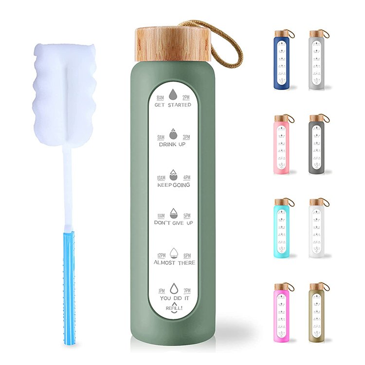 Glass water bottle with bamboo lid silicone sleeve manufactured wholesale glass water bottle for water