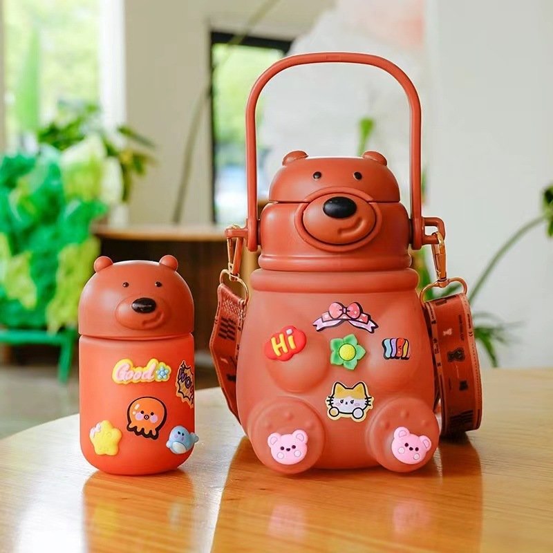 Gradient 2pcs/set Bear Motivational Plastic Water Bottles 900ml/240ml Set Cup Double Drink Straw Plastic Cups With 3d Stickers