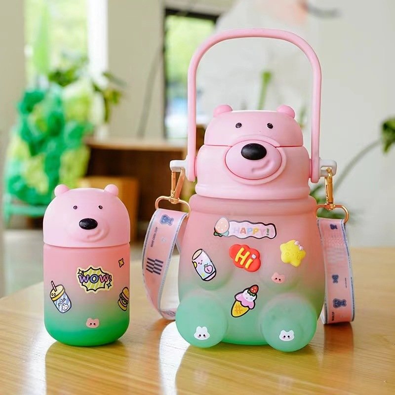 Gradient 2pcs/set Bear Motivational Plastic Water Bottles 900ml/240ml Set Cup Double Drink Straw Plastic Cups With 3d Stickers