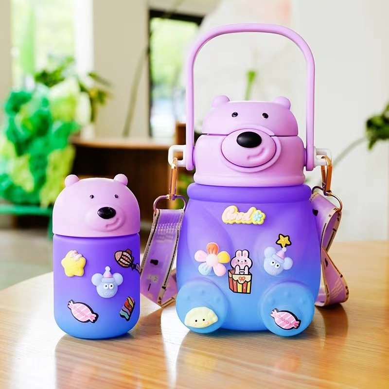 Gradient 2pcs/set Bear Motivational Plastic Water Bottles 900ml/240ml Set Cup Double Drink Straw Plastic Cups With 3d Stickers