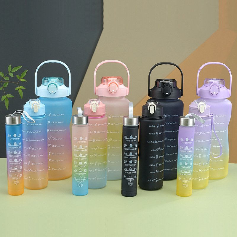 3 PACK outdoor plastic sport motivational Water Bottles sets with Times marker to Drink and Straw 2000ml -800ml -300ml