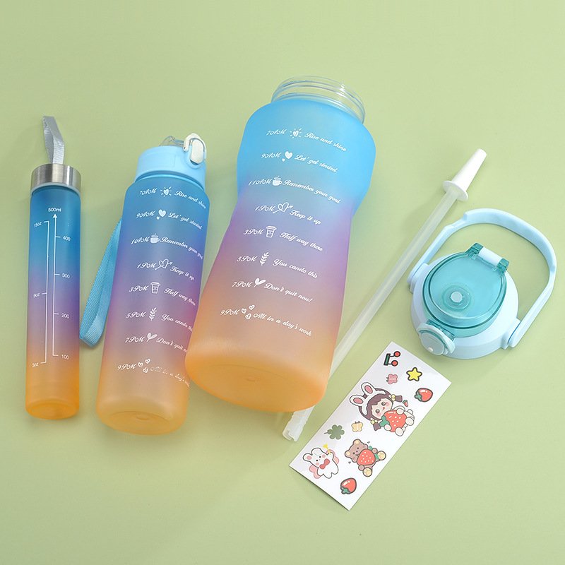 3 PACK outdoor plastic sport motivational Water Bottles sets with Times marker to Drink and Straw 2000ml -800ml -300ml