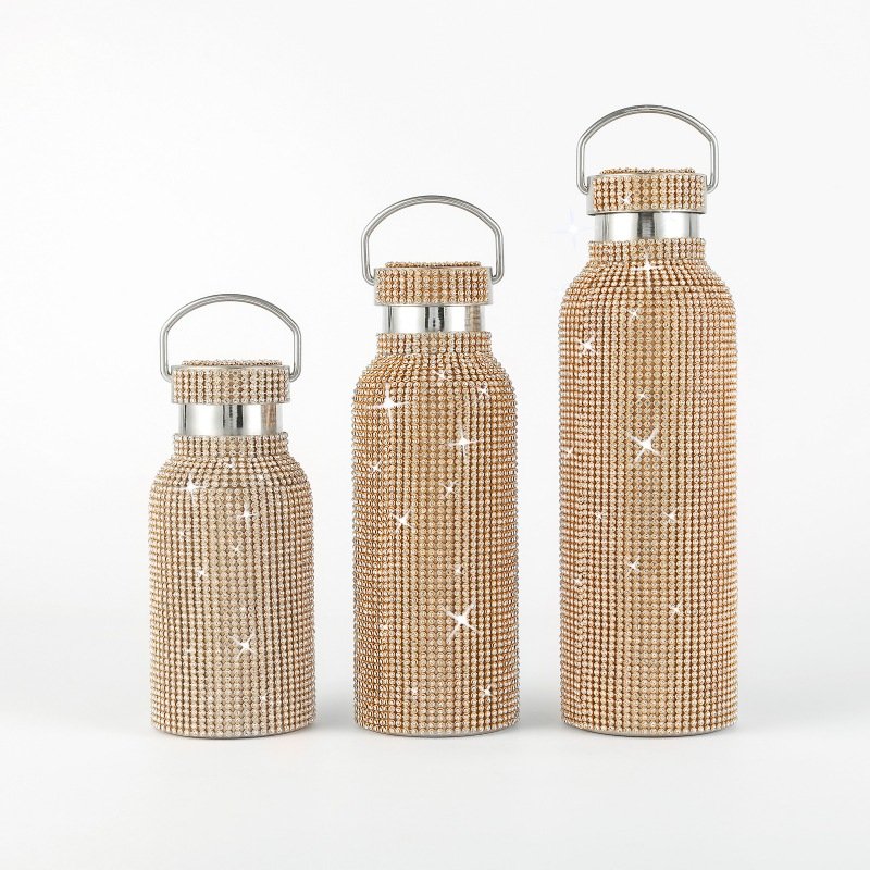 Bling Sparkling Glitter Rhinestone Stainless Steel Water Bottle With Diamond Lid Chain For Women Girls Vacuum Flask