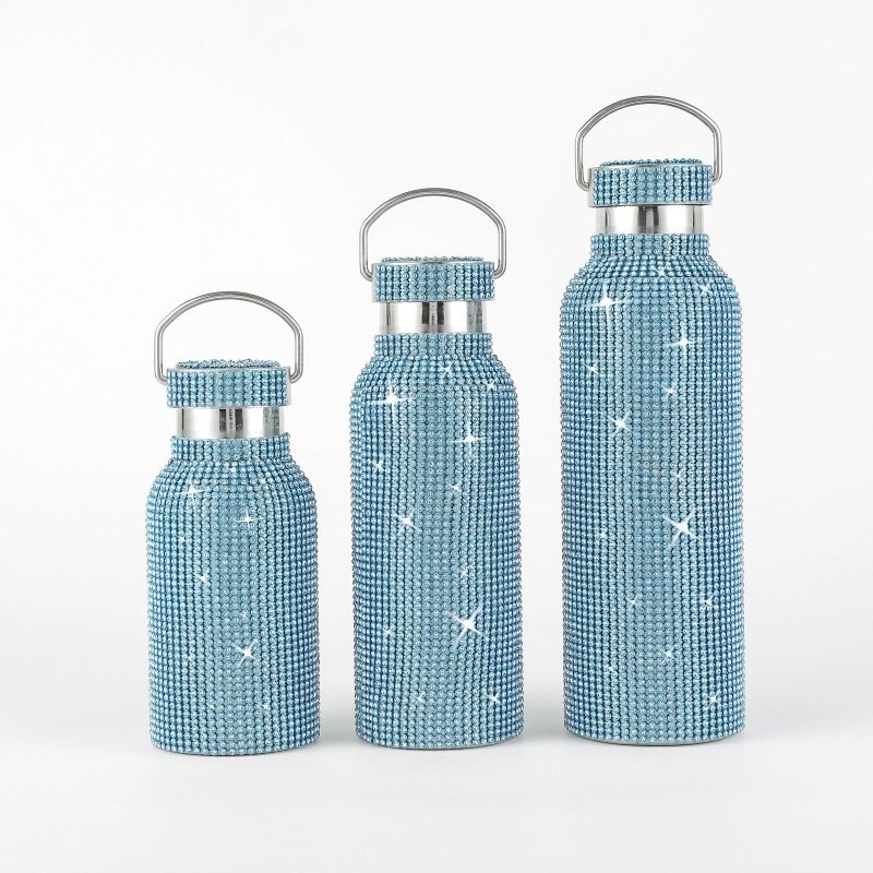 Bling Sparkling Glitter Rhinestone Stainless Steel Water Bottle With Diamond Lid Chain For Women Girls Vacuum Flask