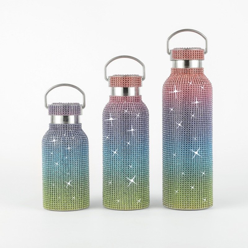Bling Sparkling Glitter Rhinestone Stainless Steel Water Bottle With Diamond Lid Chain For Women Girls Vacuum Flask