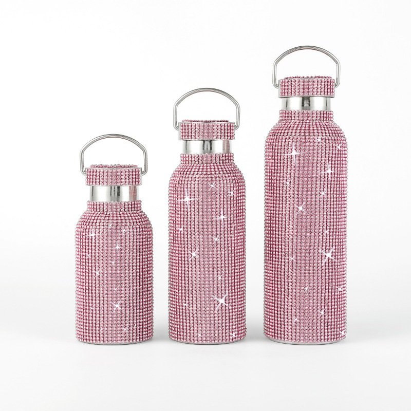 Bling Sparkling Glitter Rhinestone Stainless Steel Water Bottle With Diamond Lid Chain For Women Girls Vacuum Flask