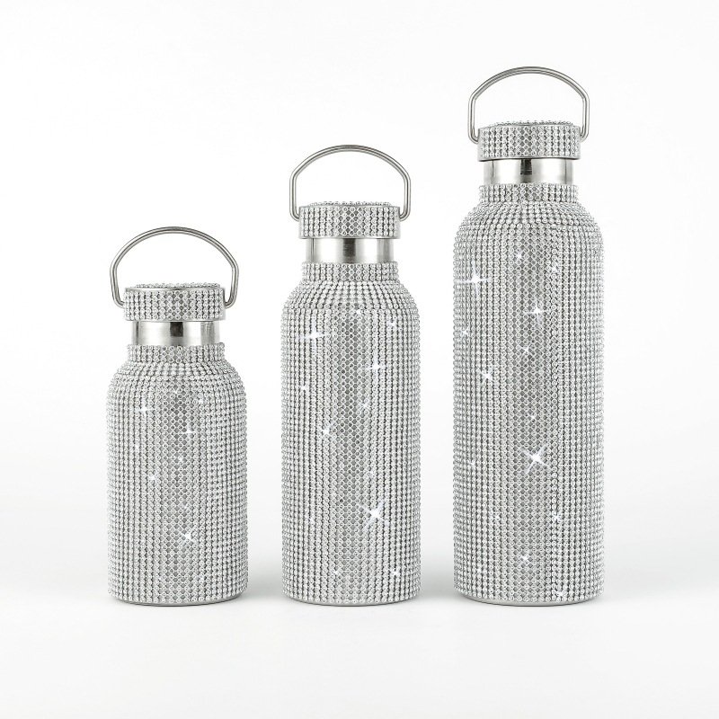 Bling Sparkling Glitter Rhinestone Stainless Steel Water Bottle With Diamond Lid Chain For Women Girls Vacuum Flask