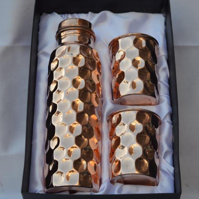 Water Bottles Diamond Pure Copper Water Bottle Set Leak-Proof Joint Less Indian Ayurveda Health Benefits Product