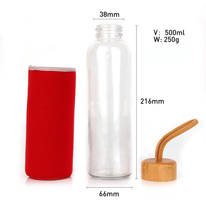 JM Free Sample 550ml Eco-friendly Bamboo Lid Silicone Sleeve Durable Borosilicate Glass Water Bottle
