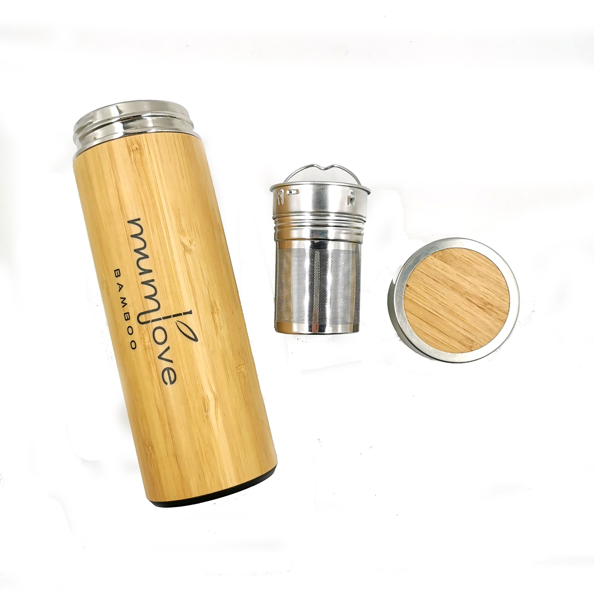 Thermos tea infuser tumbler custom bamboo cover stainless steel vacuum flask water bottle