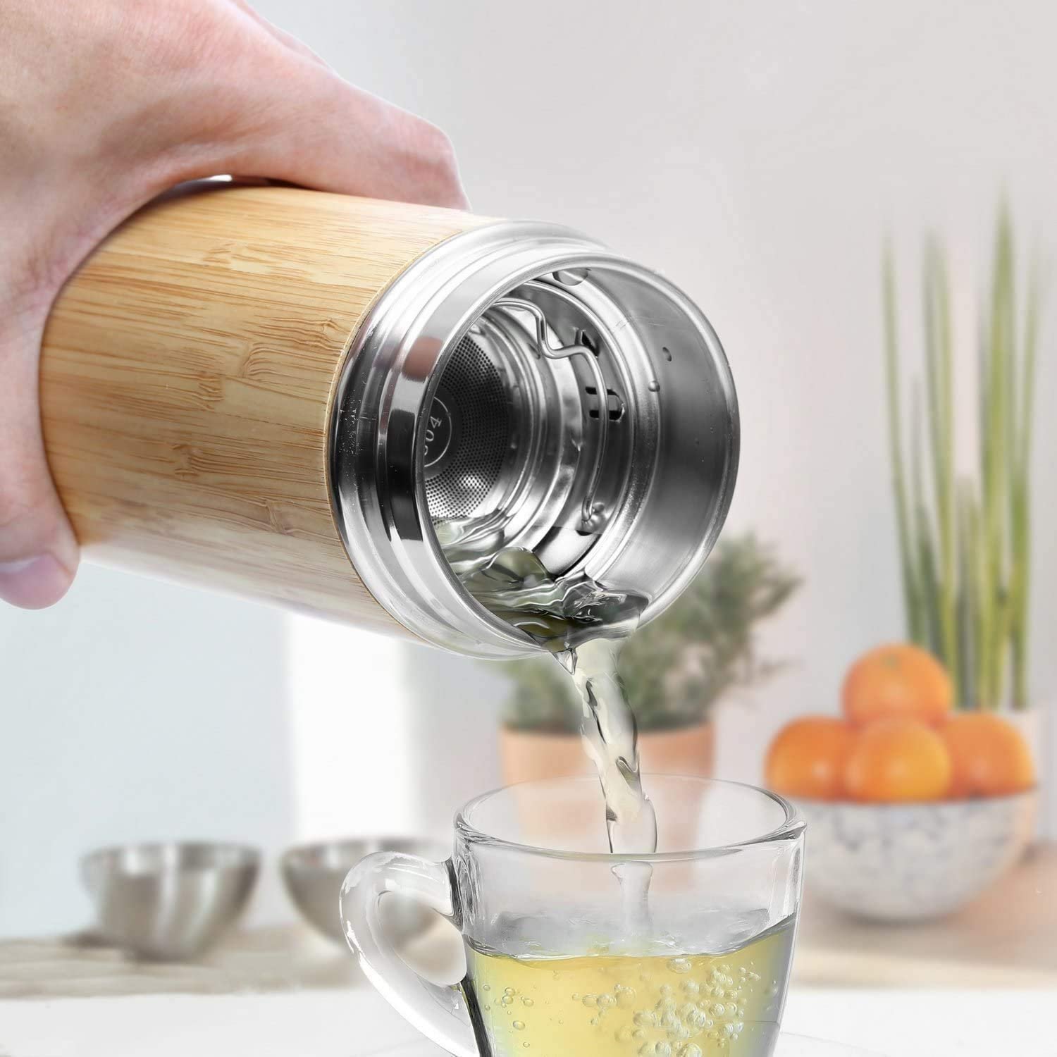 Thermos tea infuser tumbler custom bamboo cover stainless steel vacuum flask water bottle