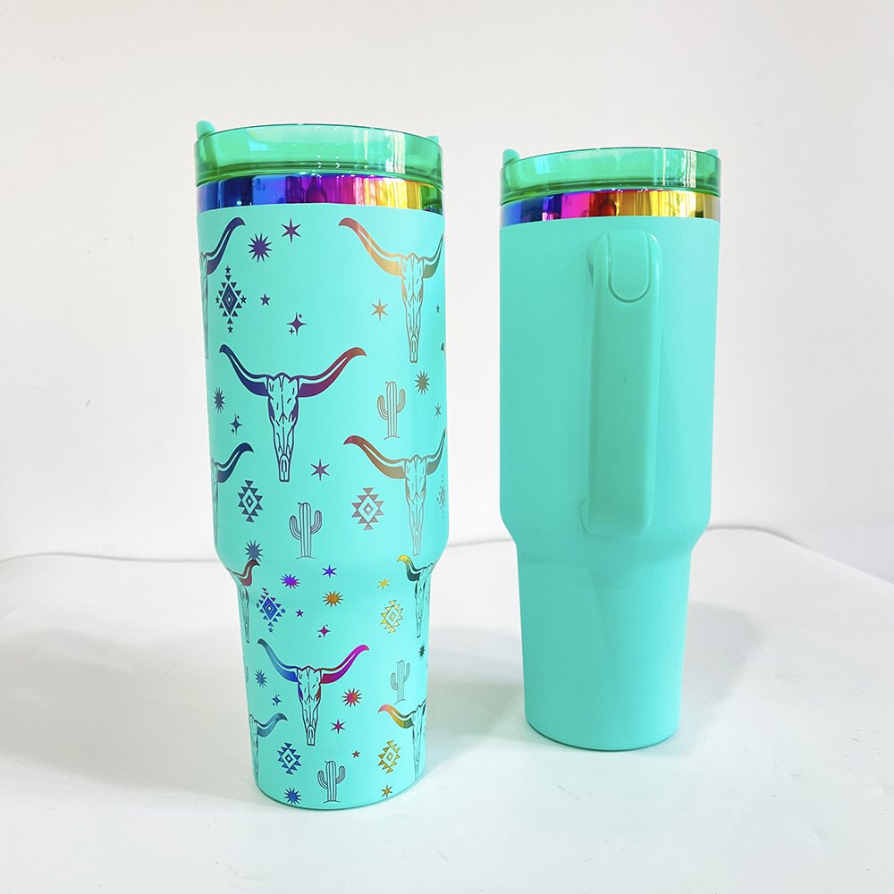 laser engraving rainbow plated tumbler powder coated 40oz mirror rainbow plated travel mug with pp lid and straw