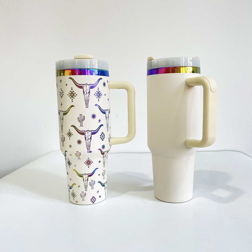 laser engraving rainbow plated tumbler powder coated 40oz mirror rainbow plated travel mug with pp lid and straw