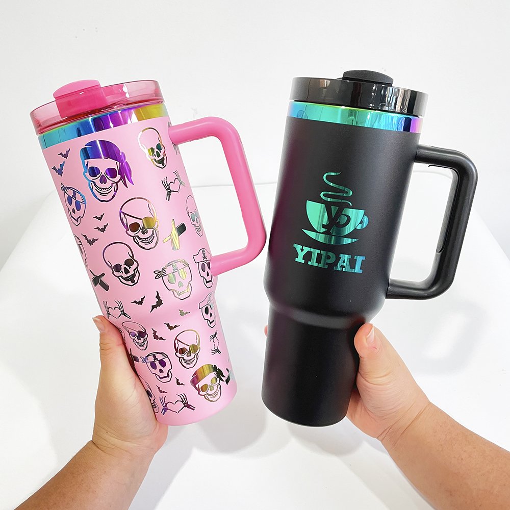 laser engraving rainbow plated tumbler powder coated 40oz mirror rainbow plated travel mug with pp lid and straw