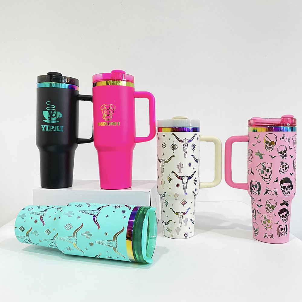 laser engraving rainbow plated tumbler powder coated 40oz mirror rainbow plated travel mug with pp lid and straw