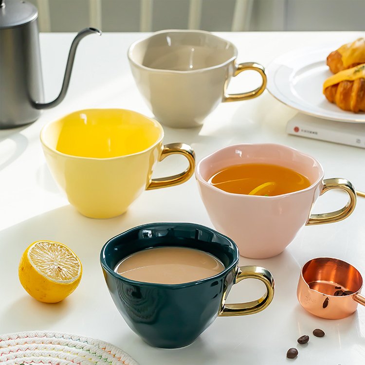 Cute polymer clay girls water cups ceramic coffee mug breakfast milk mugs with gold handle for home
