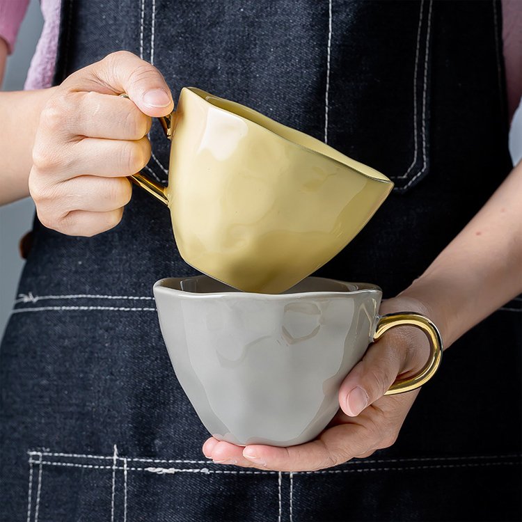 Cute polymer clay girls water cups ceramic coffee mug breakfast milk mugs with gold handle for home
