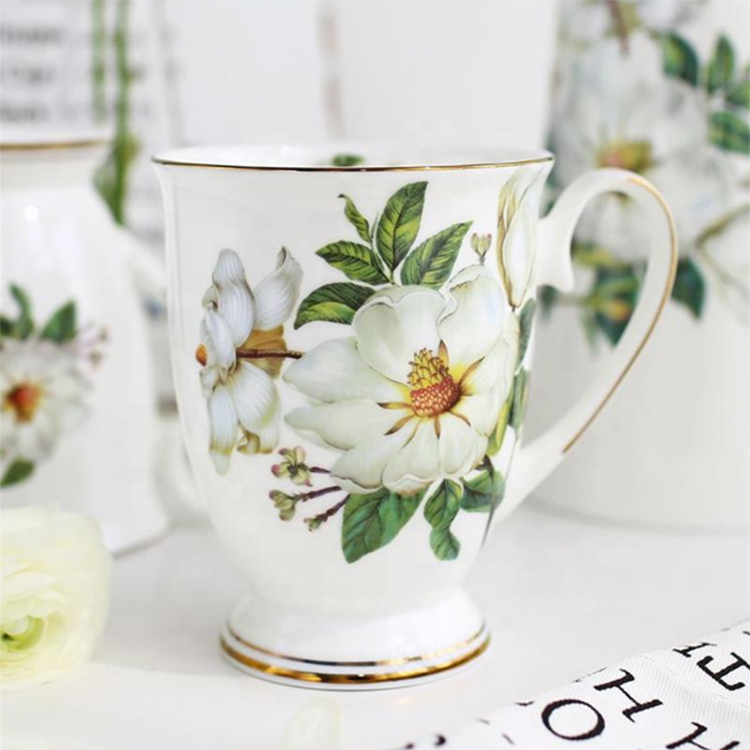 Fine bone china custom shape and flower decal high quality white porcelain coffee mugs