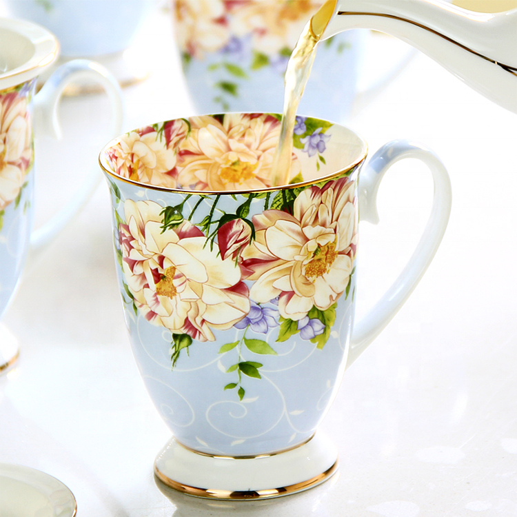 Fine bone china custom shape and flower decal high quality white porcelain coffee mugs