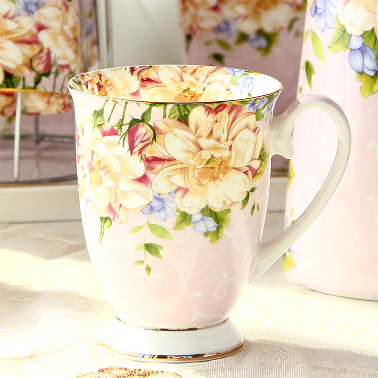 Fine bone china custom shape and flower decal high quality white porcelain coffee mugs