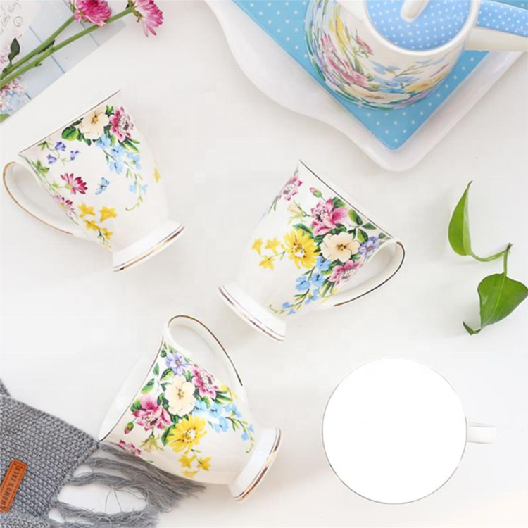 Fine bone china custom shape and flower decal high quality white porcelain coffee mugs