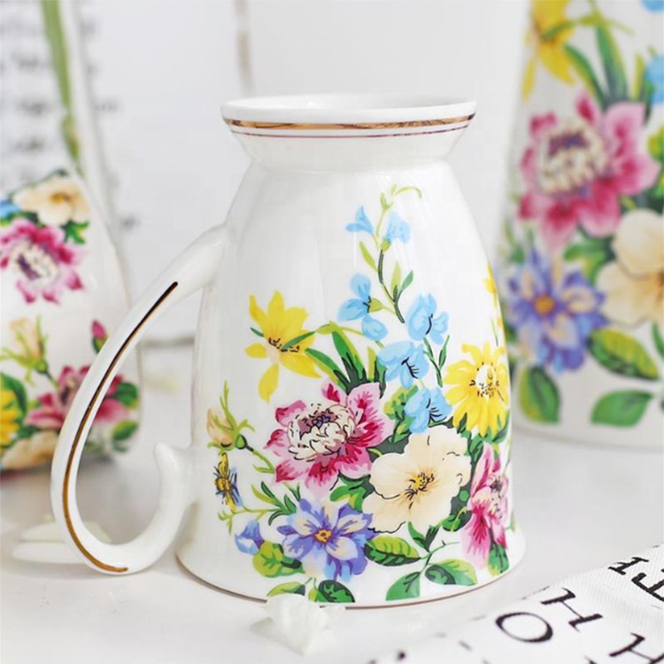 Fine bone china custom shape and flower decal high quality white porcelain coffee mugs