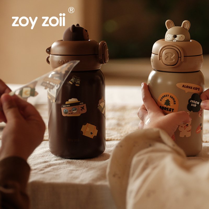 Zoyzoii Cute Cartoon Kids 450ml Stainless Steel Thermos Cup Ins Animal Hot Water Bottle DIY Water Bottles