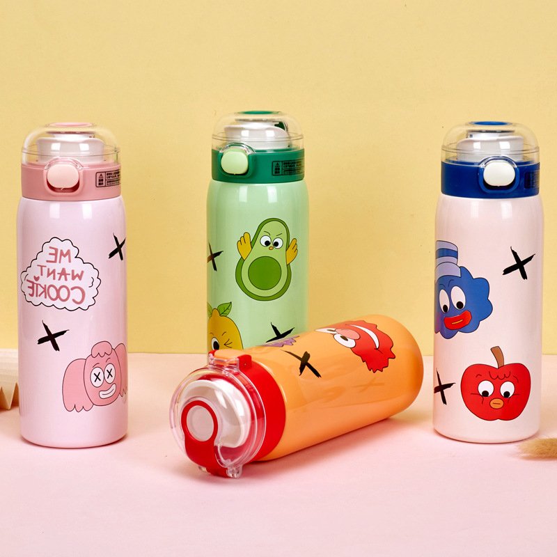 Cartoon Printing Colorful 500ml Vacuum Thermos for Kids with Hiding Carrying Strap water bottle