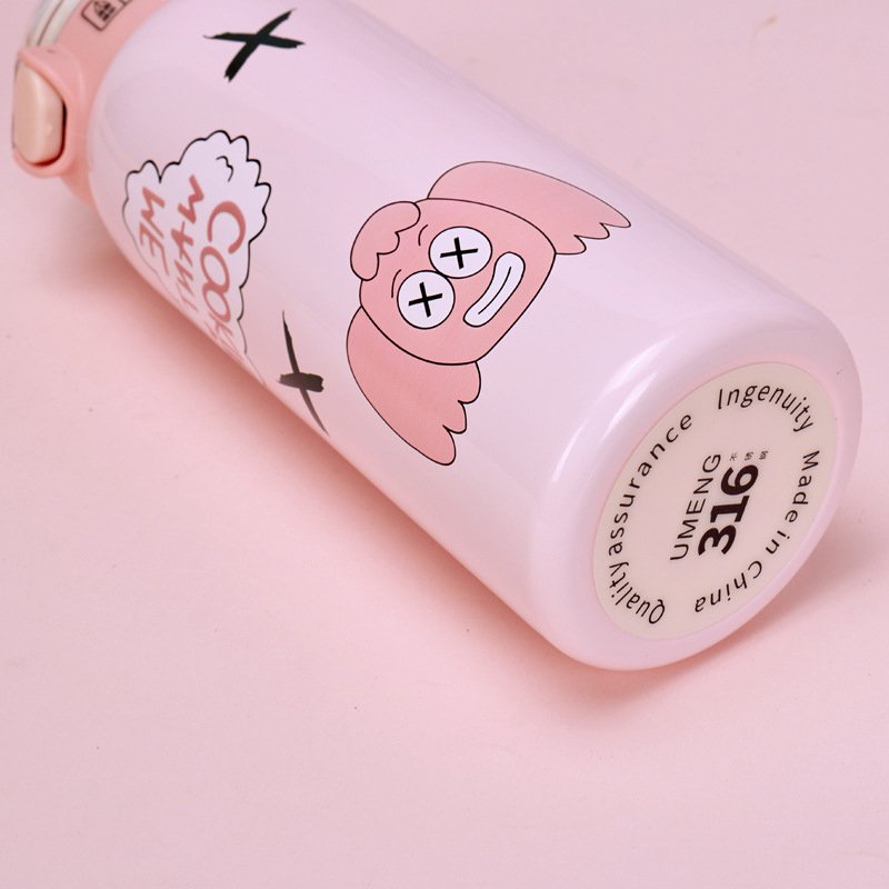 Cartoon Printing Colorful 500ml Vacuum Thermos for Kids with Hiding Carrying Strap water bottle