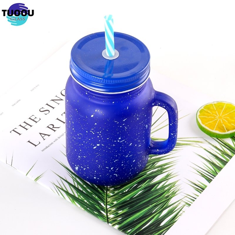 In Stock Wholesale custom frosted Spray color gold Coffee juice glass mason jar clear plastic straw cup with lid and handle mug