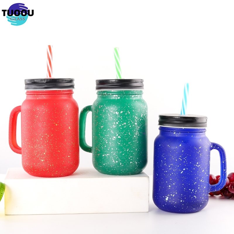 In Stock Wholesale custom frosted Spray color gold Coffee juice glass mason jar clear plastic straw cup with lid and handle mug