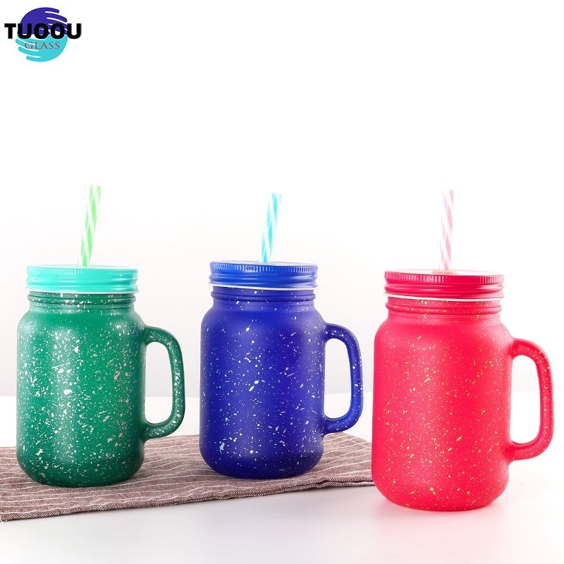 In Stock Wholesale custom frosted Spray color gold Coffee juice glass mason jar clear plastic straw cup with lid and handle mug
