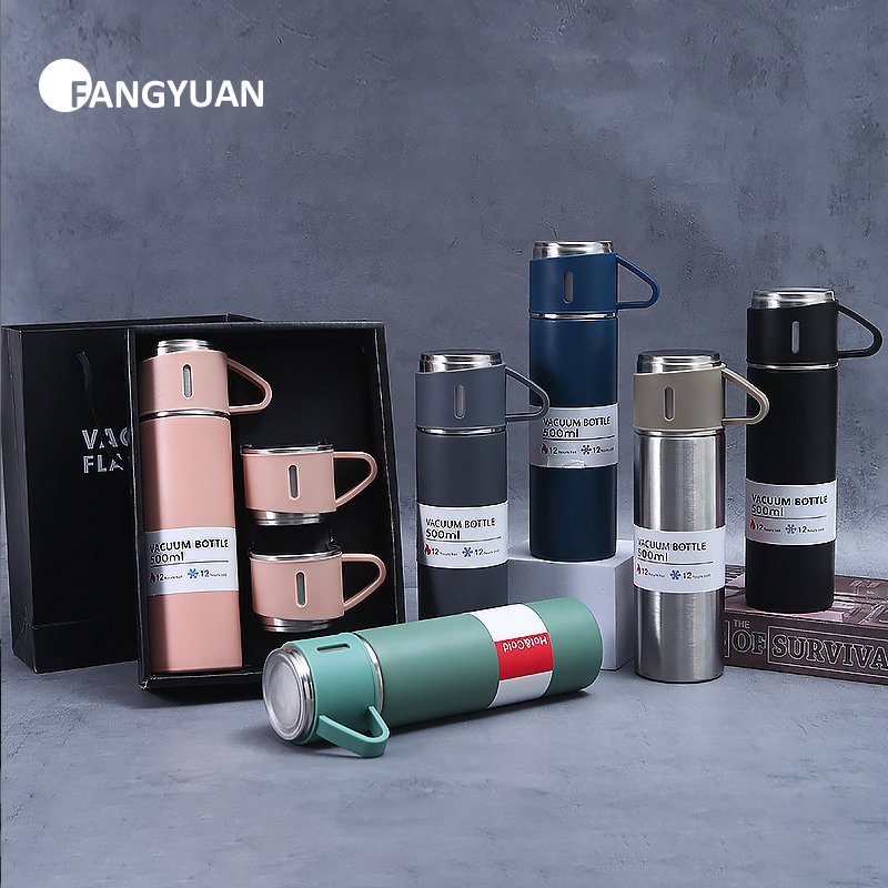 FANGYUAN bpa free 3 lids 500ml thermos stainless steel hot cold portable vacuum flask set water bottles for business gift
