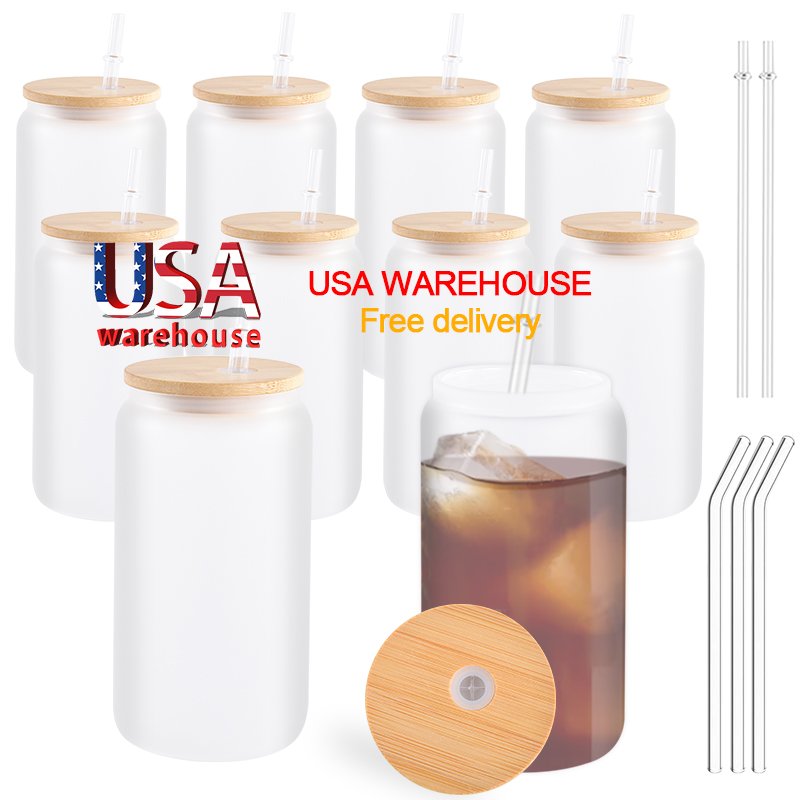 Usa Warehouse 16Oz 20Oz 25Oz Sublimation Transparent Snow Globe Cups Frosted Glass Coffee Beer Mug Jar With Bamboo Lid
